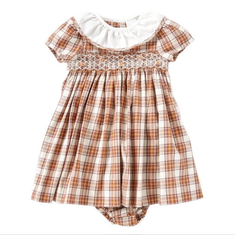 Edgehill Collection Smocked Plaid Peterpan Collar Short Sleeve A-Line Dress.